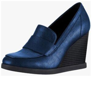 YDN Blue Dressy Pump Square Closed Toe Slip On Loafers Wedges High Heeled Shoes